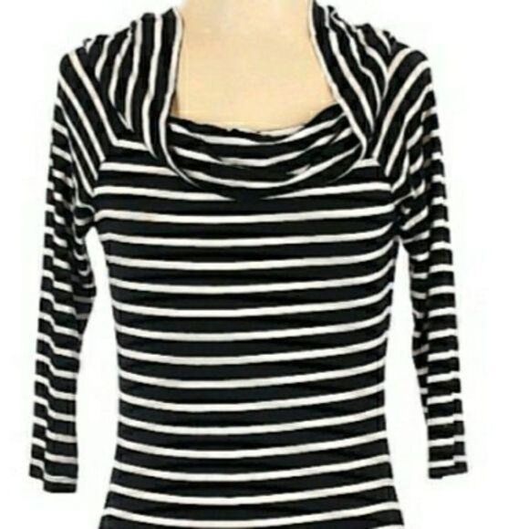 WHBM Dress Bodycon Off Shoulder Stretch 1/2 Sleeve Mini Knit Black Striped S - Picture 5 of 10